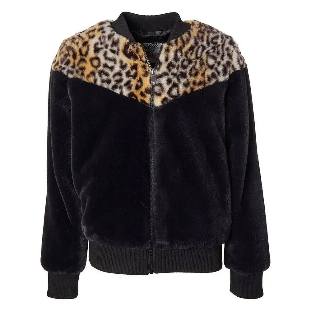 Kensie Girl Full Zip Pocket Faux Fur Bombler Jacket  Black Animal‎ Size 4 $80